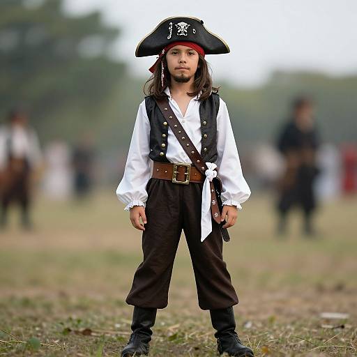 Photograph of a young girl dressed as a pirate, with a black tricorn hat, white shirt, brown vest, and black pants, standing confidently