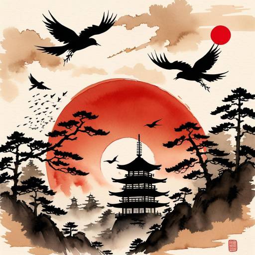 Traditional Japanese Castle with Red Sun