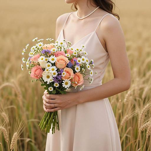 Photograph of a woman in a white, sleeveless dress, holding a bouquet of pink roses, white daisies, and blue forget-me-not
