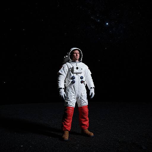 Photograph of a person in a white spacesuit with red pants and brown boots, standing on a dark, starry surface.