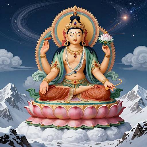 Digital art of a serene, multi-armed deity with green cloak, gold headdress, and lotus flower, seated on a pink lotus,