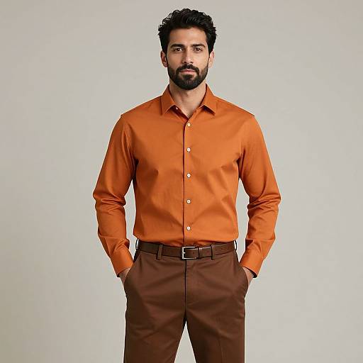 Photograph of a handsome, bearded man with dark curly hair, wearing an orange button-down shirt and brown pants, standing against a plain white background