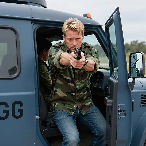 Intense Man in Military Vehicle