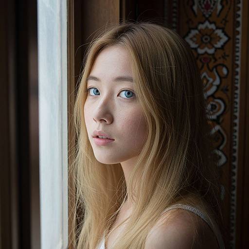 Photograph of a young, fair-skinned woman with long blonde hair and blue eyes, gazing thoughtfully out a window, lit by soft natural