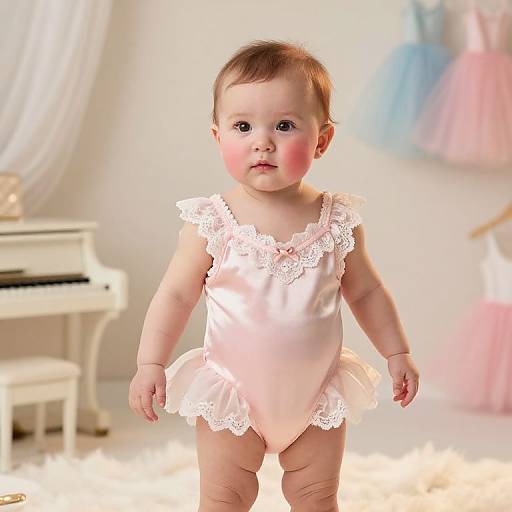 Photograph of a baby with fair skin, brown hair, and rosy cheeks, wearing a pink lace-trimmed satin romper and white lace