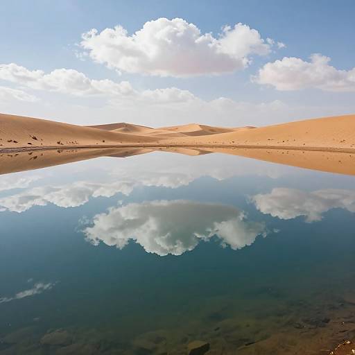 Photograph of a serene desert landscape with golden sand dunes, clear blue sky, and a reflective water pool mirroring fluffy white clouds.