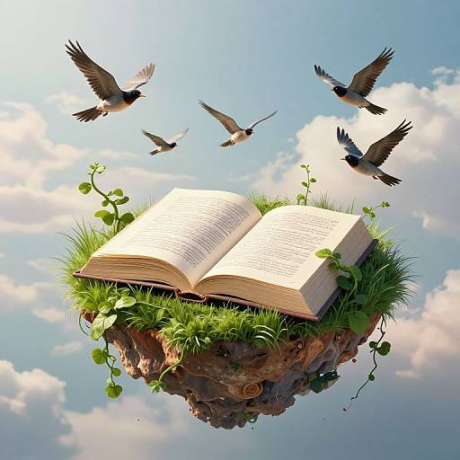 Floating open book on grassy island, surrounded by five birds, under a bright blue sky with fluffy clouds. Digital artwork.