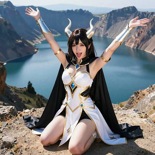 Fantasy Horned Woman on Mountain Ledge