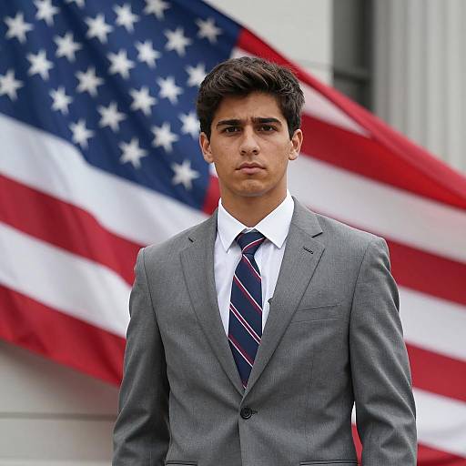 Young Man in Suit with American Flag Background