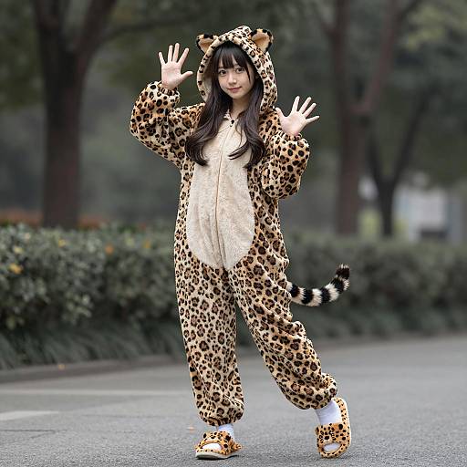 Young Woman in Leopard Print Kigurumi Costume Outdoors