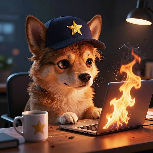 CGI image of a cute, fluffy corgi with a blue police cap wearing a star, typing on a laptop with flames, in a dim