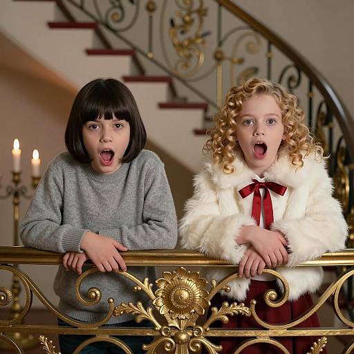 Whimsical Children at Ornate Staircase