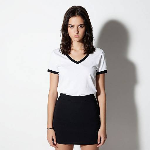 Photograph of a young woman with straight black hair, wearing a white V-neck top with black trim and a black skirt, standing against a plain white