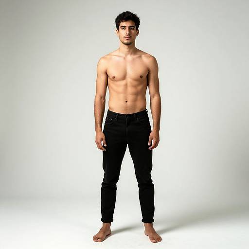 Photorealistic CGI image of a shirtless, muscular young man with short black hair, wearing black jeans, standing barefoot against a white background.