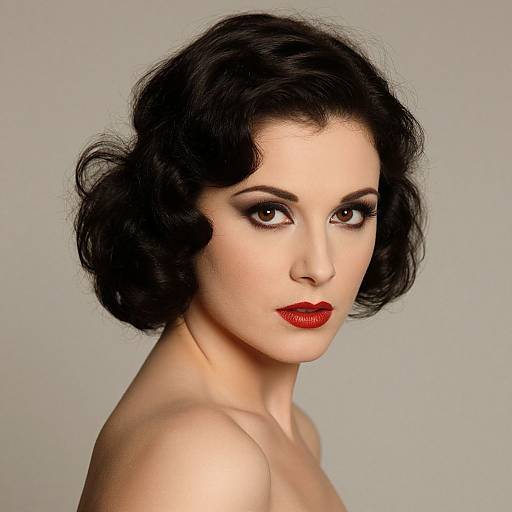 Photograph of a pale-skinned woman with black, wavy 1940s-style hair, bold red lipstick, and smoky eye makeup,