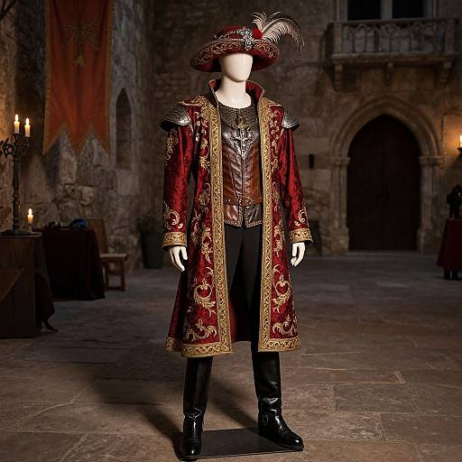 Photograph of a mannequin in a luxurious, red and gold, Baroque-style, long coat with intricate embroidery, black shirt, black pants