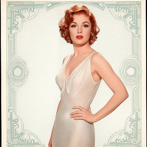 Photograph of a fair-skinned, red-haired woman in a sheer, white, V-neck gown, standing with one hand on her hip, set