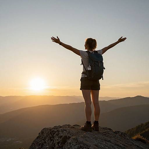 Joyful Woman Hiking at Sunset