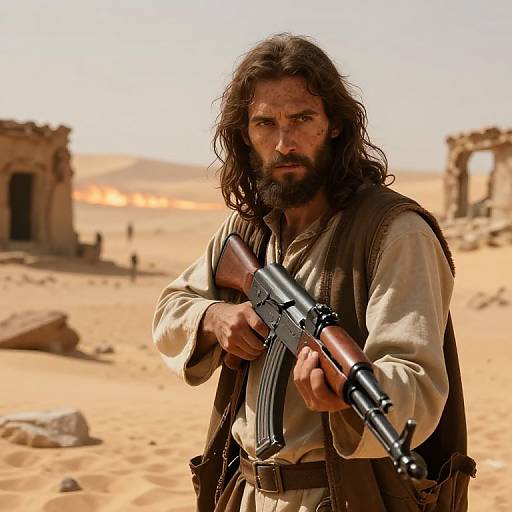 Photograph of a rugged, long-haired man with a beard, holding a vintage rifle in a desert with ruins and distant flames.