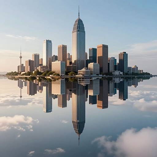 Photograph of Toronto's skyline with CN Tower, reflecting perfectly on a calm, cloud-covered lake under a clear blue sky.