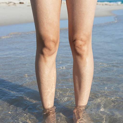 Photograph of a person's bare legs standing in shallow, clear blue water on a sunny beach, with gentle waves in the background.