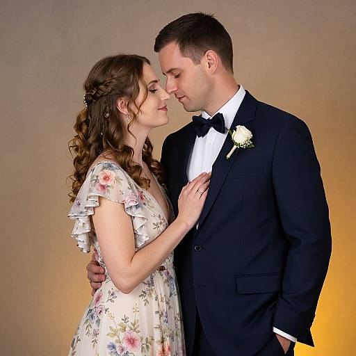Photograph of a couple in a romantic pose: the woman in a floral dress, the man in a black tuxedo, gently touching foreheads