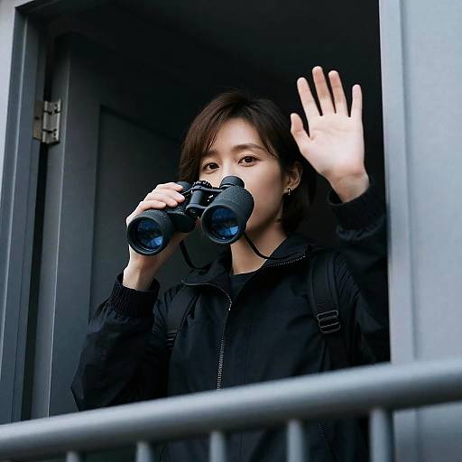 Asian Woman with Binoculars in Doorway