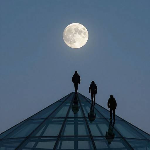 Silhouetted people walk up a glass pyramid roof against a bright full moon in a clear blue sky. Photographic image.
