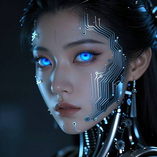 CGI digital portrait of a futuristic Asian woman with glowing blue eyes, cybernetic circuit patterns on her face, and metallic accessories, set against a