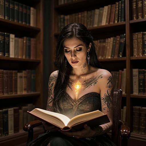 Tattooed woman with long black hair, glowing necklace, and black lace dress reads an illuminated book in a dimly lit library.