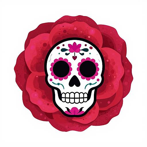 Digital illustration of a white sugar skull with pink flower designs, surrounded by vibrant red roses on a white background.
