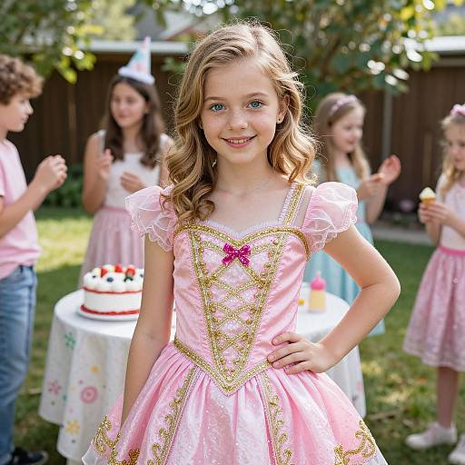 Photograph of a smiling young girl with wavy blonde hair, wearing a pink, gold-embellished princess dress, standing in a sunny backyard