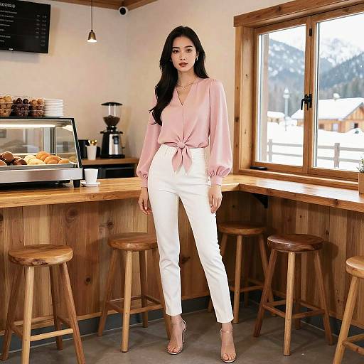 Woman in Soft Pink Blouse at Cozy Mountain Lodge