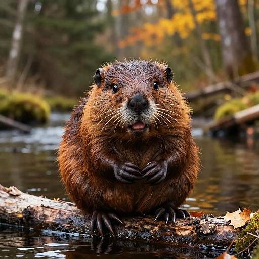 Photograph of a cute, fluffy brown beaver with wet fur standing on a log in a forest stream, looking directly at the camera with small p