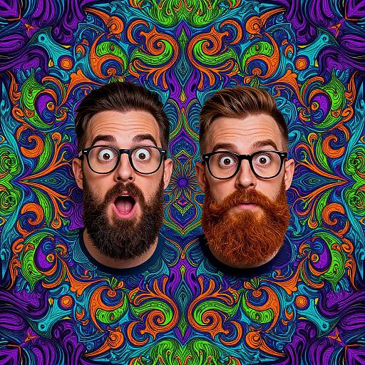 Photograph of two bearded men with wide-eyed, surprised expressions, wearing black glasses, set against a vibrant, psychedelic swirl pattern.