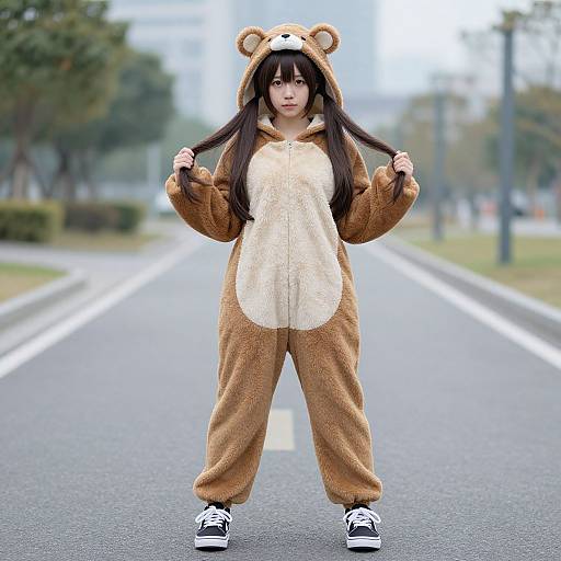 Photograph of an Asian woman with long black hair, wearing a brown bear onesie, white belly patch, and black sneakers, standing on a blurred