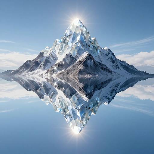 Photorealistic CGI of a towering, crystalline mountain peak reflecting in a mirror-like blue sky, with the sun shining brightly at the peak.