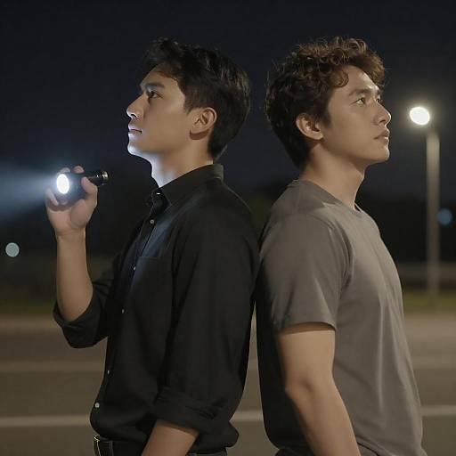 Two Men Standing Back-to-Back at Night