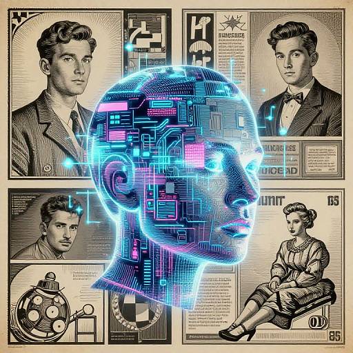 Vintage black-and-white portraits of a man and woman, overlaid with a neon blue, circuit-patterned human head profile. Digital art.