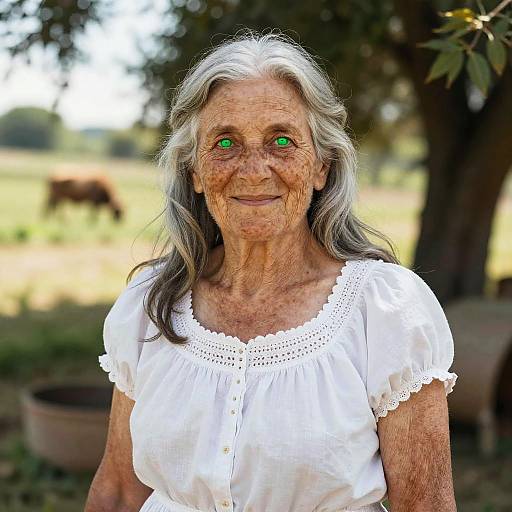 Photograph of an elderly woman with green eyes, long gray hair, wearing a white lace blouse, standing outdoors in a sunlit field.