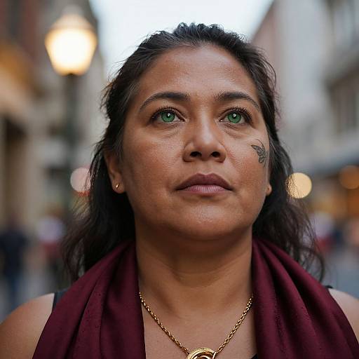 Photograph of a middle-aged woman with green eyes, dark hair, maroon scarf, gold necklace, small tattoo on left cheek, standing in a