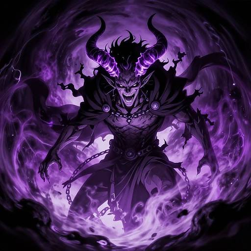 Digital artwork of a dark, demonic figure with glowing purple horns and eyes, surrounded by swirling, ethereal purple flames. The creature's sharp teeth are