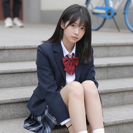 Young Woman in Blue Blazer on Steps