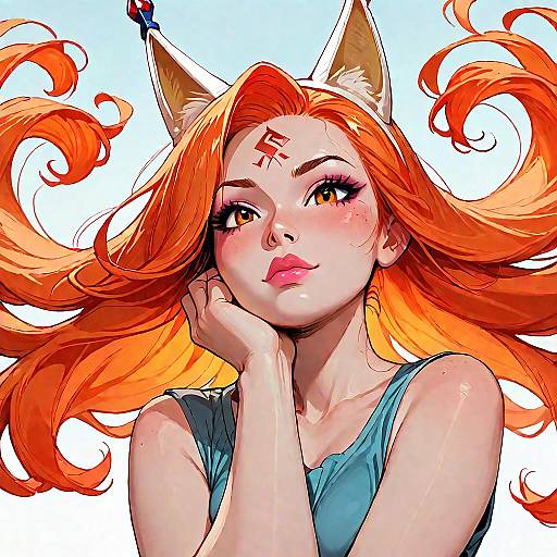 Digital anime-style drawing of a beautiful, red-haired girl with fox ears, a blue top, and a red mark on her forehead, resting her chin