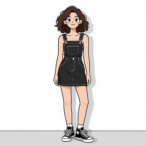 Digital drawing of a young woman with wavy brown hair, wearing a black denim dress, white socks, and black sneakers, standing against a white background