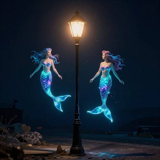Photograph of two glowing blue mermaids with long hair, under a lit streetlamp, against a dark, night-time seascape.