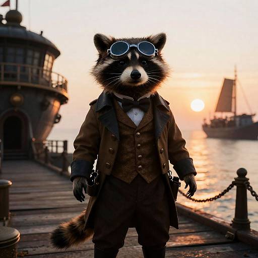 Victorian Steampunk Raccoon at Sunset Dock