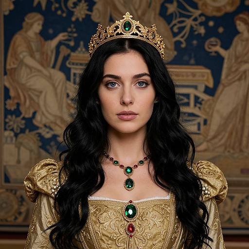 Photorealistic portrait of a fair-skinned woman with long black hair, wearing a gold crown, ornate gold dress, and green gemstone necklace
