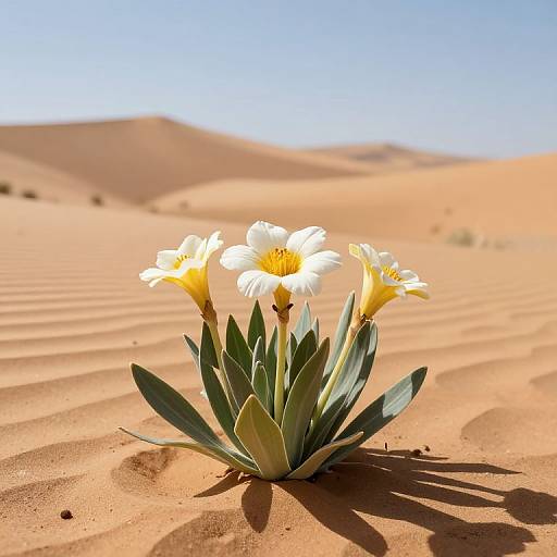 Photograph of three white daisies with yellow centers growing from a desert plant in a sandy, sunlit desert with rippled sand dunes in