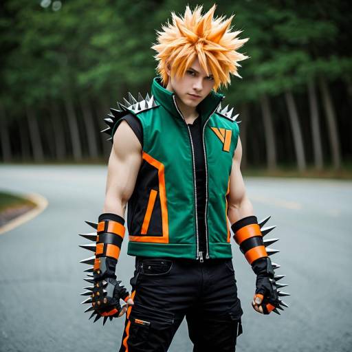 Cosplay of Katsuki Bakugo in Spiky Blonde Hair and Explosive Gauntlets